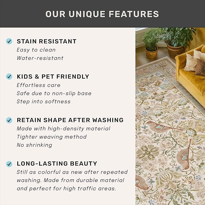 Large Entryway Rugs Indoor - Beige 3x4 Washable Rugs for Kitchen Bedroom Beside Bed Door Mat Indoor Entrance with Vintage Woodland Flowers, Non Slip Stain Resistant Low Pile