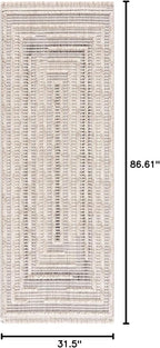 Hauteloom Lunao Farmhouse Living Room Bedroom Moroccan Square Pattern Abstract Runner Rug - Soft Shaggy High Low Carpet - High Pile - Bohemian, Boho - Gray, Brown, Beige, Cream - 2'7" x 7'3"