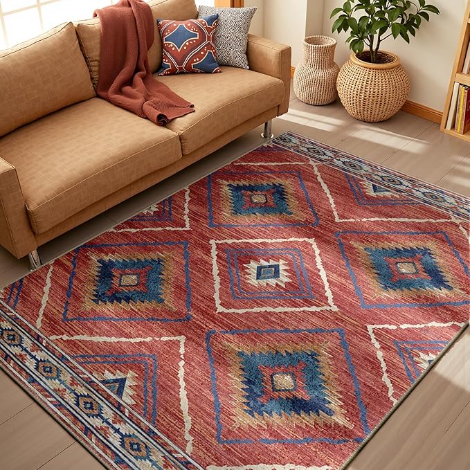 Area Rug 3x4 Rug Machine Washable Non-Slip Low Pile Print Pattern Western Rug for Living Room Bedroom Entryway Tribal Series-Red/Orange