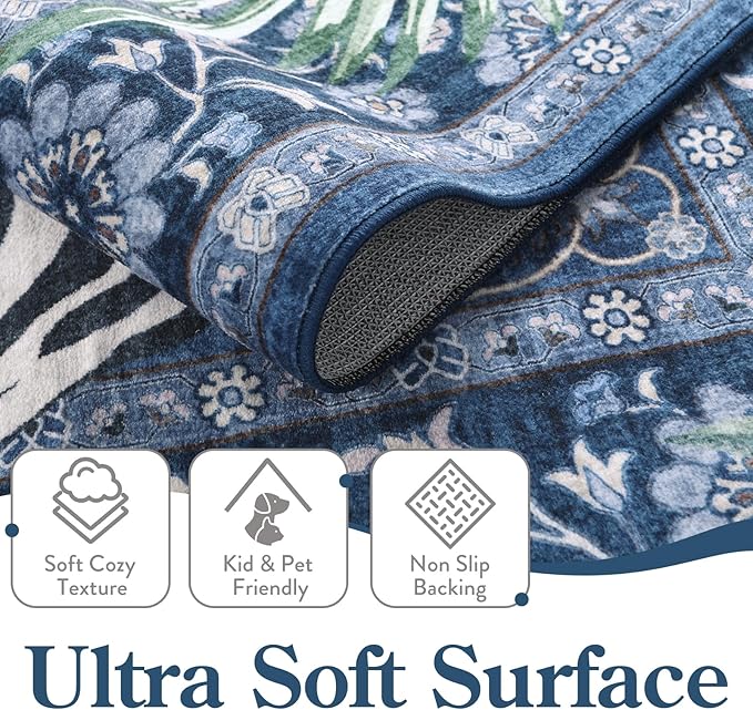 Moynesa Tiger Washable Area Rugs for Living Room, 5x7 Vintage Soft Rug for Bedroom, Non Slip Boho Botanical Ultra Thin Large Stain Resistant Throw Rug for Dining Guest Room, Blue
