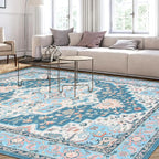 WILLSUN Washable Area Rugs, 8x10 Non-Slip Boho Large Area Rugs for Living Room, Bedroom, Machine Washable Vintage Rug, Indoor Floral Print Carpet for Home Decor, Kid & Pet Friendly Mat
