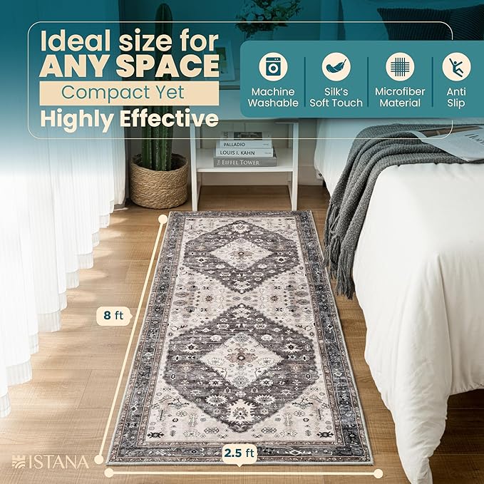 Istana Hallway Runner Rug 2.5x8 – Dark Grey Blue/Rose Mauve Entryway Rug -Silk's Soft Touch Runners for Hallways - Stylish Kitchen Runner Rug Non Slip