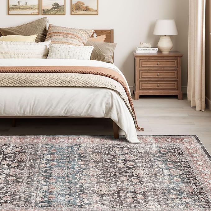Dripex Vintage 5x7 Area Rugs - Large Washable Area Rug for Living Room Bedroom Oriental Medallion Floral Print Floor Carpet Low-Pile Indoor Soft Non-Slip Accent Rug Farmhouse Home Office Decor