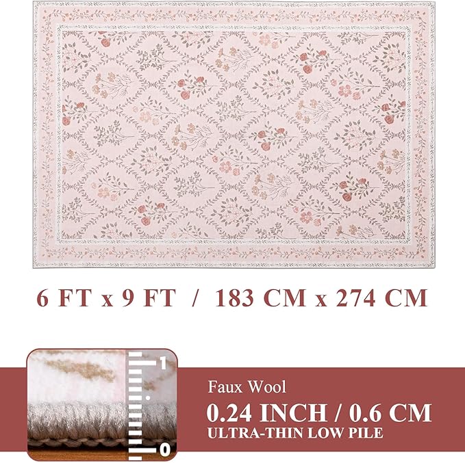 YIHOUSE 6x9 Washable Rug for Bedroom, Pink Floral Rugs for Living Room Non Slip Ultra-Thin Large Boho Rug for Kids Playroom, Classroom, Girls Dorm, Nursery, Pink Multi