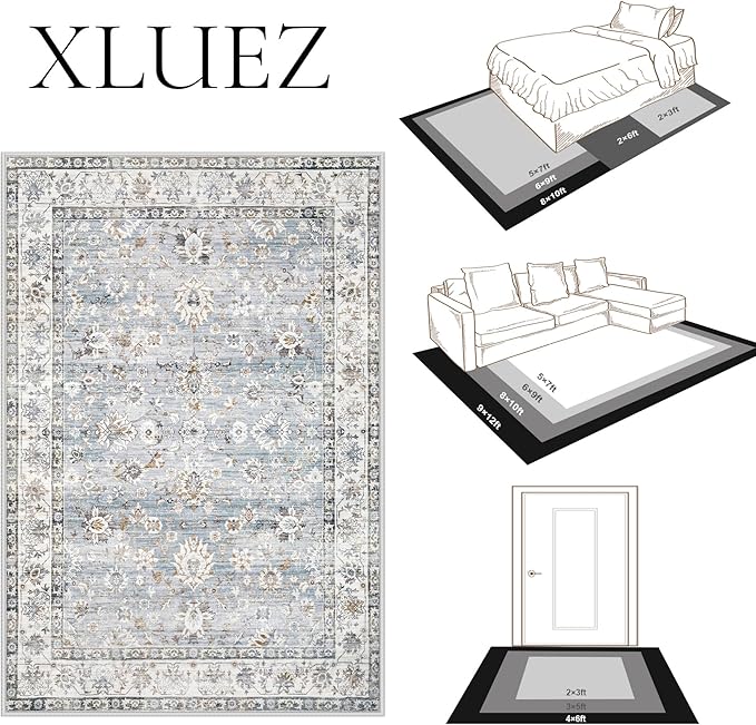 Area Rug 6x9 Living Room Rug, Machine Washable Vintage Distressed Boho Area Rug Non-Slip Soft Low Pile Large Indoor Rugs for Bedroom Kitchen Dining Room Office(Light Blue,6'x9')