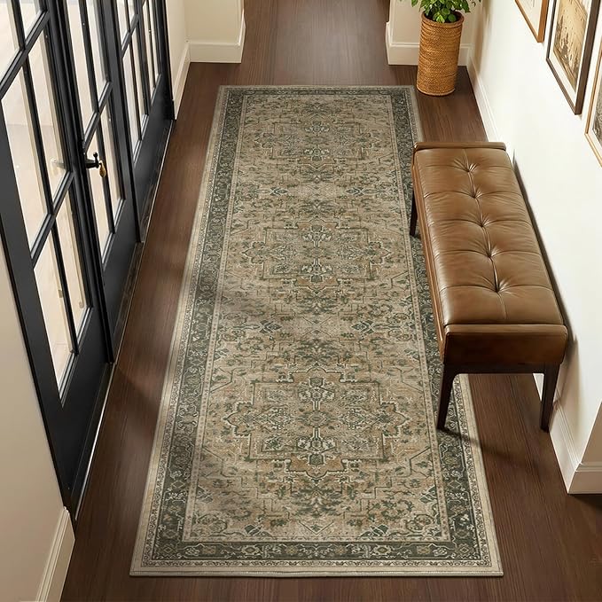 Retro 3x8 Rug Runners for Entryway Non Slip, Distressed Medallion Carpet Runners for Hallway 8ft, Low Pile Thin Runner Rug Non Slip Washable for Kitchen/Foyer/Mudroom/Bedroom, Multi Brown/Olive