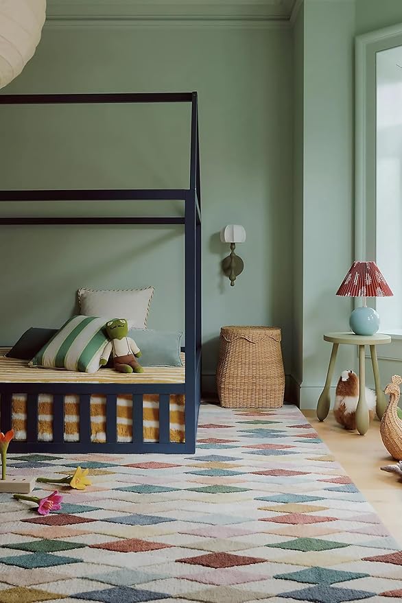 Hand-Tufted Wool Rug with Multicolor Diamond Pattern (8x12 Ft) - Modern Geometric Accent Rug for Living Room, Bedroom, or Office, Ivory Base
