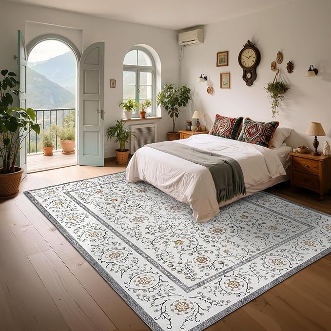 GarveeHome Boho 6x9 Area Rug for Living Room, Floral Vintage Rugs for Bedroom with Soft Low Pile, Non Slip Stain Resistant Botanical Washable Rug 6x9 for Dining Room Grey Carpet for Dorm Office