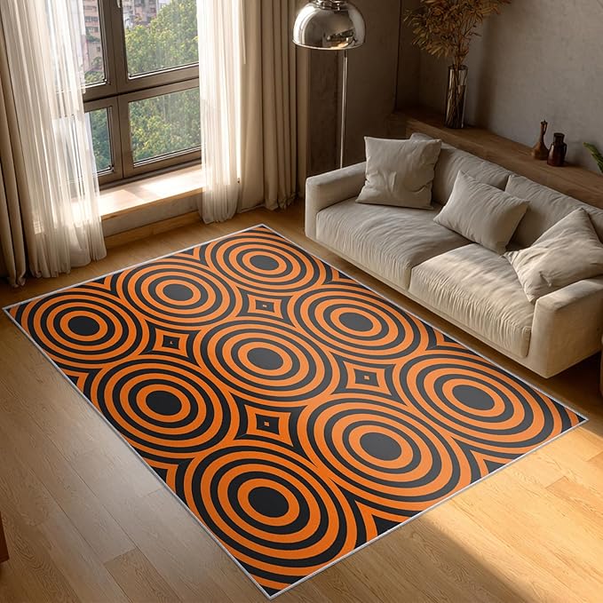 5x7 Geometric Circle Rugs for Bedroom Decor, Washable Retro 60s 70s Geometry Pattern Area Rug, Living Room Home Decoration, Non Slip Soft Thin, Black Orange Decor Carpet PF-P 49