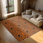 4x4 Geometric Circle Rugs for Bedroom Decor, Washable Retro 60s 70s Geometry Pattern Area Rug, Living Room Home Decoration, Non Slip Soft Thin, Black Orange Decor Carpet PF-P 49