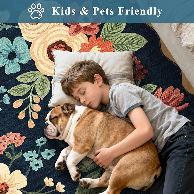DUKINO 2x10 Runner Rug for Hallway, Washable Kitchen Rug with Non Slip Backing & Non-Shediing, Soft Low Pile Floral Design Runner for Bedroom, Kithchen, Living Room, Laundry, Bathroom, Navy Blue