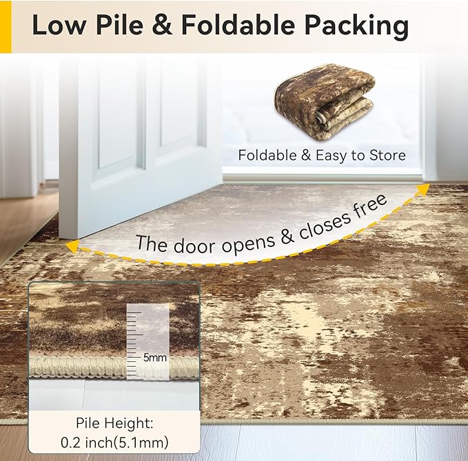 Washable Area Rugs 5'x7' Non-Slip Modern Abstract Soft for Living Room Entryway Bedroom Nursery, Print Pattern, Brown Tan Beige Coffee