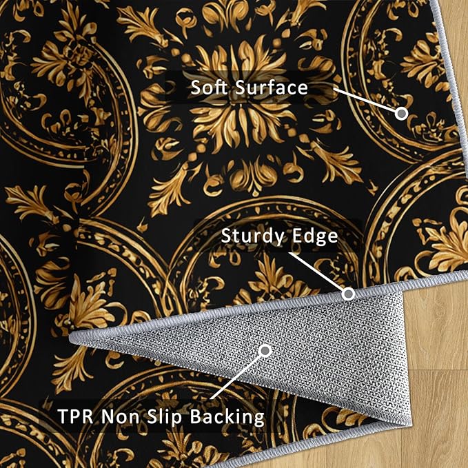 Black Gold Baroque Rug, Washable 3x4 Rug for Living Room, Floral Geometric Patterned Indoor Carpet, Black Gold Baroque Decor for Home, Bedroom, Soft Non Slip Thin Design FER63