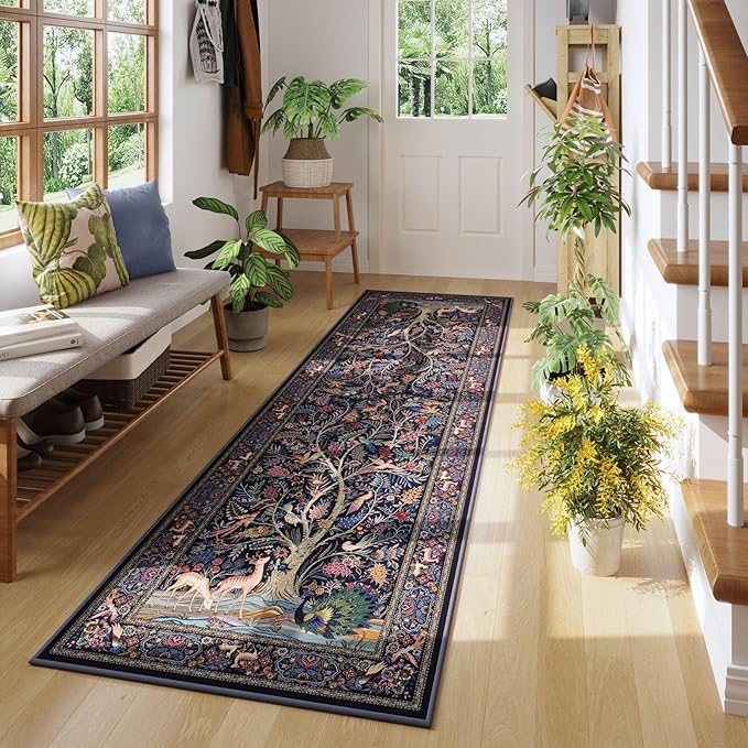 Rugcomf Runner Rug 2x6 Vibrant Tree of Life-Patterned Vintage Kitchen Rugs Non Slip Washable Soft Carpet Runner for Laundry Bedroom Bathroom, Blue