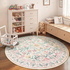 Wonnitar Washable Round Rugs 6ft, Pink Floral Circle Rug Large Round Carpet for Bedroom, Boho Soft Ultra-Thin Circular Carpets for Kids Playroom Living Room Nursery