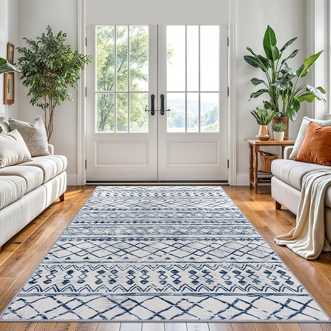 KUTA Area Rug 5x7, Moroccan Large Blue White Rugs Washable Boho Non-Slip, Ultra Soft Geometric Traditional Farmhouse Carpet for Living Room Dining Room Bedroom Dorm Office Home Décor