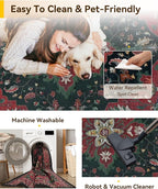 Area Rugs 9'x12' Washable Non-Slip, Floral Vintage Distress Print Pattern Medallion Carpet for Living Room Bedroom Dining Room, Red Black