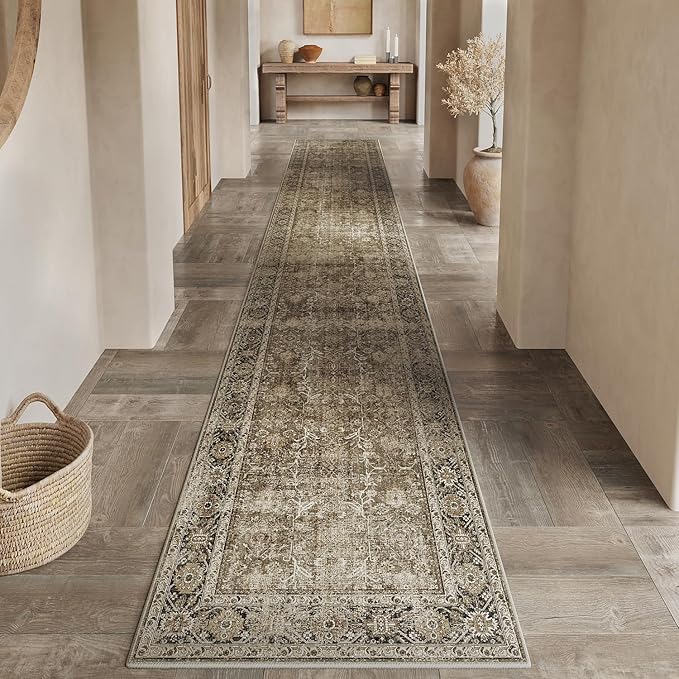 Brown Runner Rug 3x10 Vintage Area Carpet Hallway Long Indoor Kitchen Washable Living Room Low Pile Traditional Distressed Retro Accent Throw Rug Non Slip Laundry Bathroom Office Dining Room