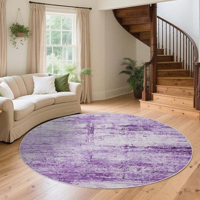 Round 4ft Abstract Rug, Modern Washable Indoor Circle Area Rugs for Living Room, Soft Circular Non-Slip Carpet Floor Mat for Entryway Bathroom Dining Room Home Office - Abstract Purple