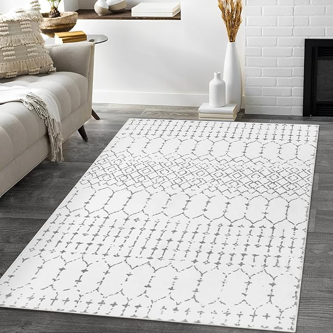 Lahome Moroccan Washable Living Room Rug - 3x5 Area Rugs for Bedroom Throw Non-Slip Low-Pile Entryway Rug Bathroom Rugs Soft White Distressed Indoor Capet for Office Kitchen Laundry Room Dining Room