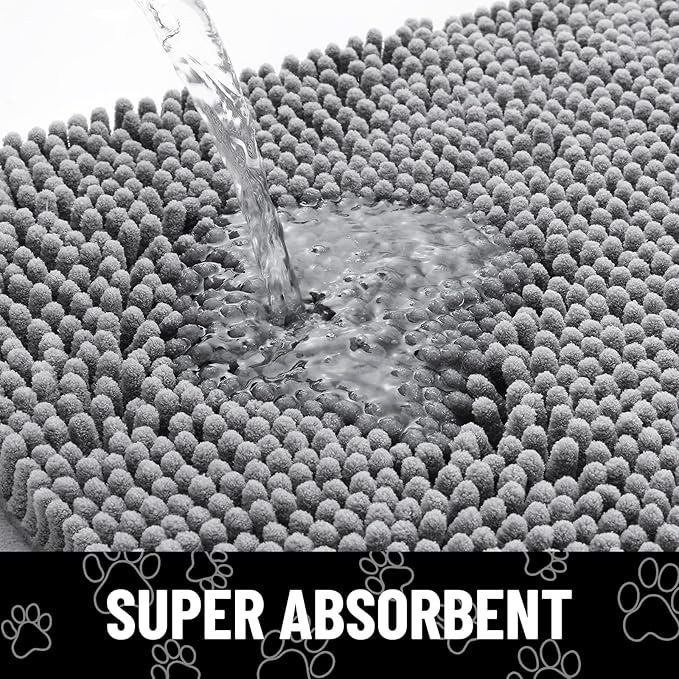 Smiry Dog Door Mat for Muddy Paws, Absorbent Dirt Trapper Non Slip Quick Dry Washable Chenille Mat for Mud Dogs, Entry Rug for Indoor and Outdoor (47x32 Inches, Grey and Black)