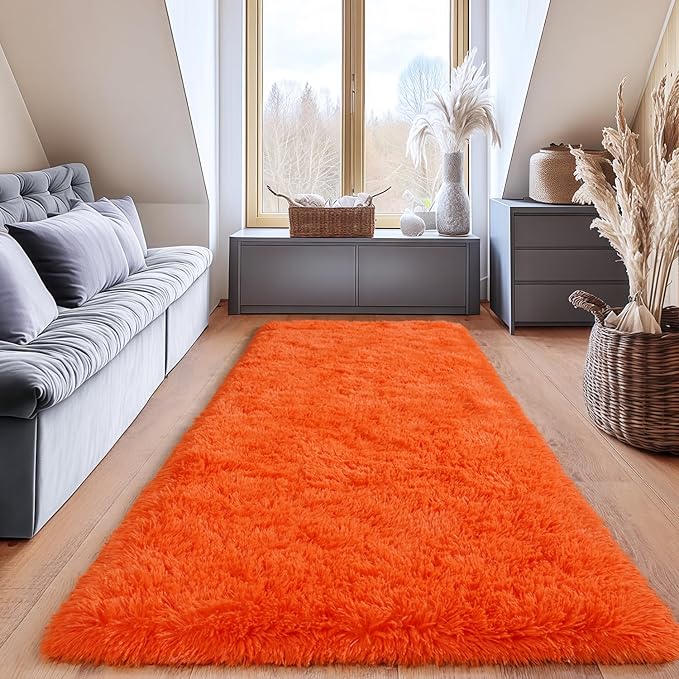 Fluffy Area Rugs for Living Room, Soft Shaggy Carpets for Living Room, Upgrade Anti-Slip Fuzzy Rugs for Kids' Room, Perfect Decor for Modern Home Orange 2x6 Feet