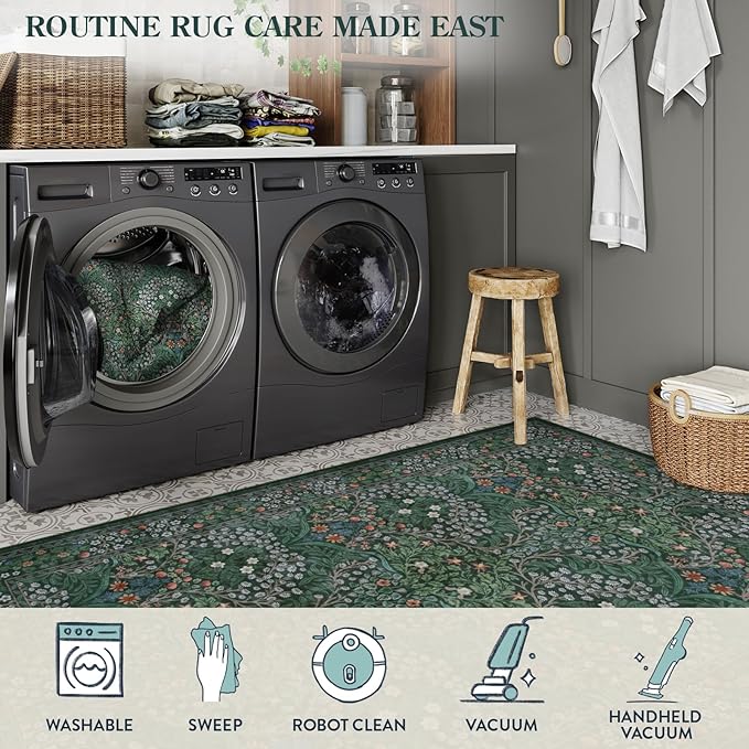 Lahome Floral Hallway Runner Rug Non Slip, 2'6''x10'Soft Washable Runners for Hallways, Ultra-Thin Green Kitchen Runner Distressed Carpet for Entryway Bathroom, Dark Green