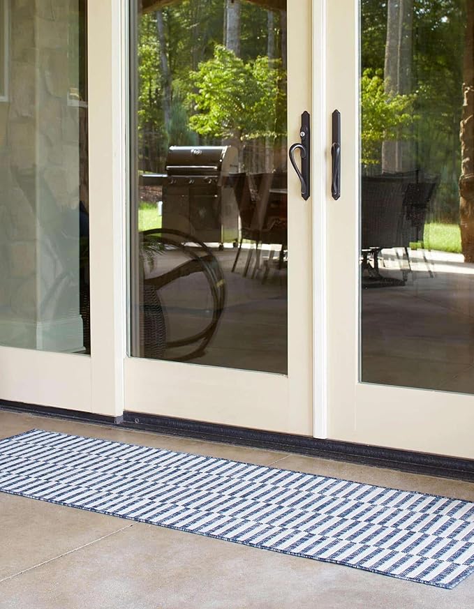 Unique Loom Outdoor Striped Collection Area Rug - Striped (2' 7" x 10' Runner Blue/Ivory)