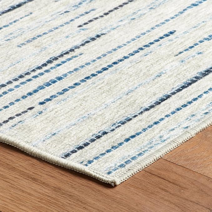 Dash & Albert Elwood Blue Machine Washable Rug, 4 X 6 Feet, Blue Stripe Pattern - Premium Luxury Hotel Quality Soft Breathable Hypoallergenic Machine Washable Easy Care All Season Comfortable