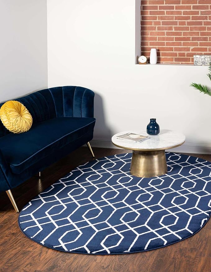 Unique Loom Glam Collection Area Rug - Trellis (4' 1' x 6' 1' Oval, Navy Blue Silver/ Silver)