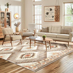Area Rug 4x4 Rug Machine Washable Non-Slip Low Pile Print Pattern Western Rug for Living Room Bedroom Entryway Tribal Series -Cream/Camel