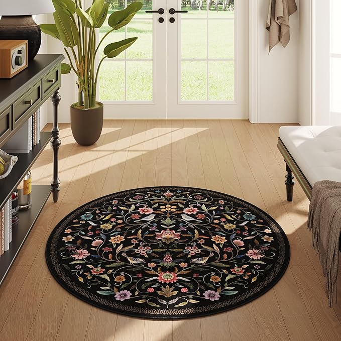 Vintage Medallion Floral Round Rug 4ft, Washable Circle Area Rug, Non-Slip Soft Low Pile Circular Carpet for Bedroom, Living Room, Dining Room, Entryway, Office, Kids, Bathroom | Black