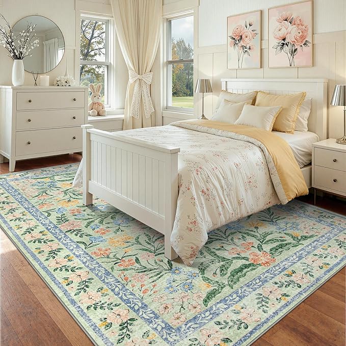 Wonnitar Boho Washable Rugs 8x10, Large Floral Rugs for Bedroom, 8 x 10 Soft Green Living Room Carpet, Non Slip Ultra-Thin Carpet for Kids Playroom Dorm Dining Room