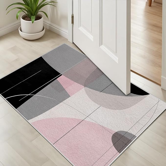 Abstract Art Line Living Room Area Rugs 7x9, Modern Boho Geometric Print Rug, Minimalist Washable Non Slip Neutral Soft Carpet for Bedroom, Dining Room Office Playroom, Black Gray