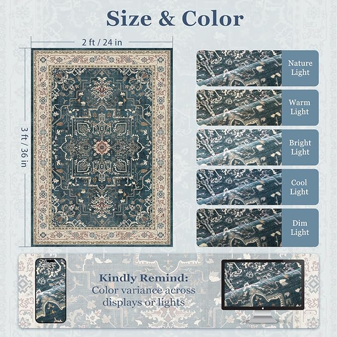 Vintage Distressed 2x3 Kitchen Rugs Washable Non Slip, Medallion Door Mat Indoor Entrance Entryway, Small Low Pile Rugs for Bedroom/Bathroom Vanity/Laundry Room, Deep Blue/Multi