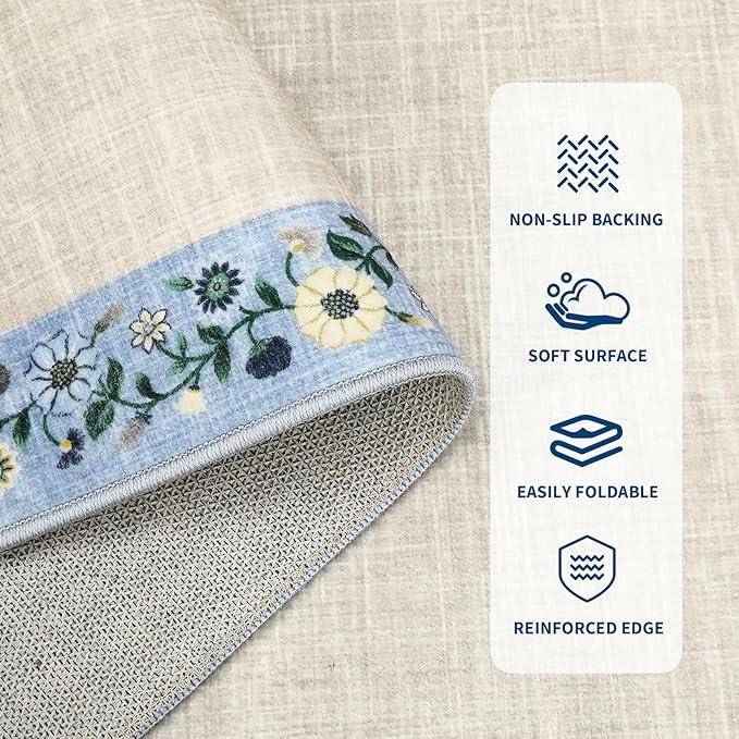 GarveeHome Washable Living Room Rug 9x12 Floral Bordered Area Rugs Soft Thin Indoor Carpet for Bedroom Modern Throw Aesthetic Mat Non Slip Stain Resistant Carpet for Dining Room Office, Beige