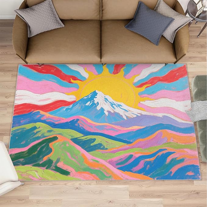 Boho Sun Runner Rugs 2x4ft, Watercolor Mountain Small Entryway Mats, Abstraction Deco Laundry Room Rug Non Slip Durable Throw Rugs for Front Door Bedroom Bedside