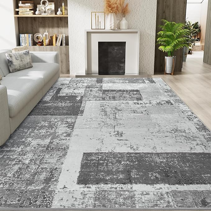LOCHAS Rug for Living Room 6x9, Washable Soft Area Rugs for Bedroom, Abstract Carpet for Indoor Office Kids Dining Room Nursery Floor, Grey Geometric Vintage Home Decor, Non Slip, Pet Child Friendly