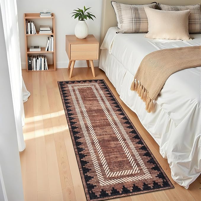 Modern Bordered 2x6 Kitchen Runner Rugs Non Slip Washable Geometric Non-Shedding Carpet for Entryway Hallway Foldable Soft Stain Resistant Low Pile Rug for Dining Room Bedroom, Brick Red