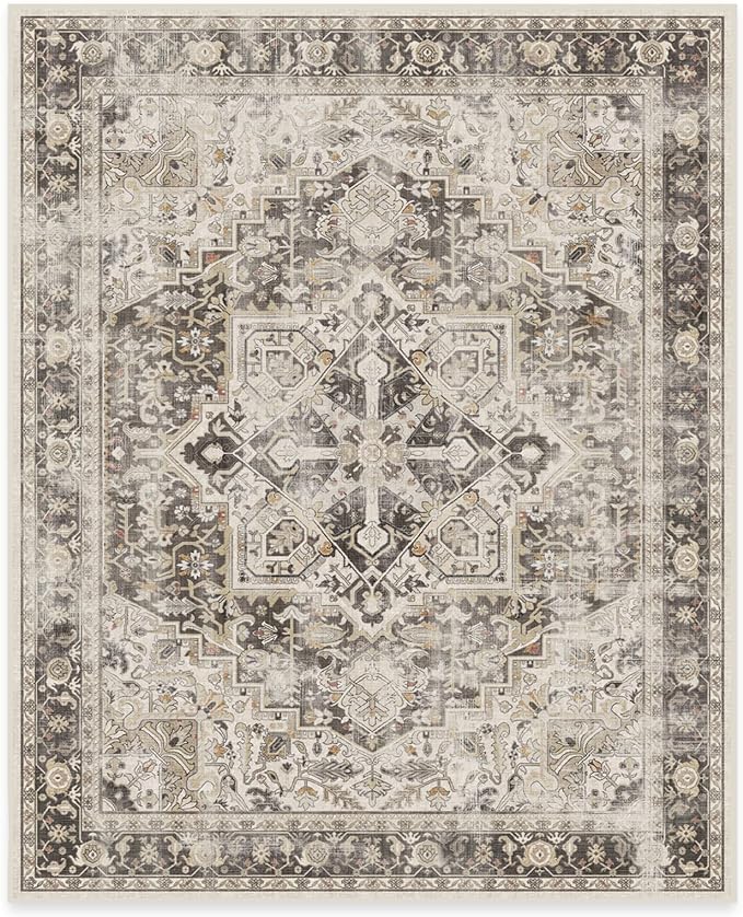 RUGGABLE Washable Vintage Area Rug – Kamran Hazel 8x10, Stain-Resistant, Non-Slip – Large Machine Washable Rugs for Living Room, Bedroom, Hallway, Entryway & Office–with Standard Pad