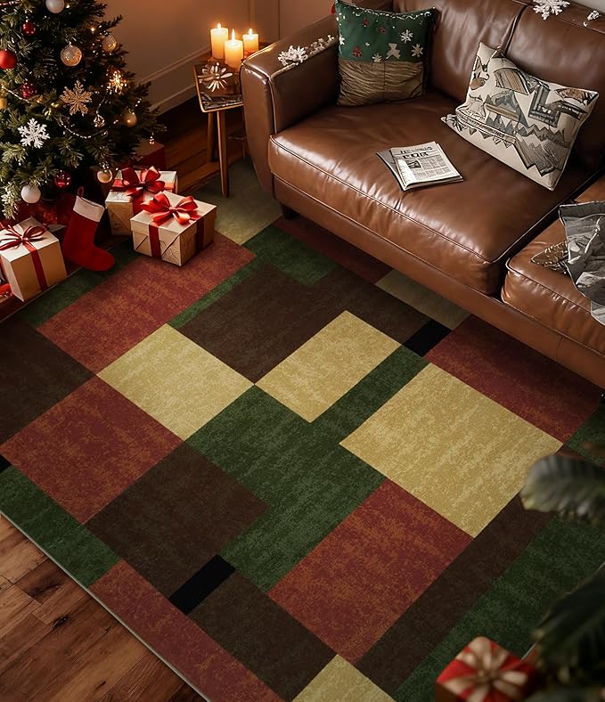 YIHOUSE Red and Green Rug 3x5, Burgundy Farmhouse Vintage Rugs Washable for Living Room,Burnt Orange Area Rug Non Slip,Geometric Boho Area Rug for Kitchen,Dining Room,Bedroom
