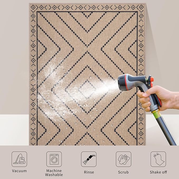 Tangsoo Easy Jute Rug 3x5 for Entryway,Geometric Non-Slip Washable Indoor Outdoor Door Carpet,Farmhouse Ultra Thin Throw Mat for Kitchen Bedroom Front