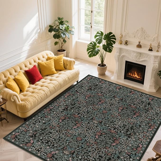 Extra Large 10x14 Area Rug for Living Room, Washable Rugs for Dining Room, Bedroom, Non Slip Stain Resistant Carpet, Low Pile Vintage Floral Rug (Dark Green)