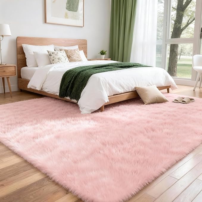 8x10 Solid Fluffy Pink Area Rug – Washable, Durable, Extra Large Living Room Rug, Non-Slip High Pile Shag Rugs for Bedroom, Playroom, Nursery Rooms, Kids Room, Soft Indoor Floor Carpet Decor
