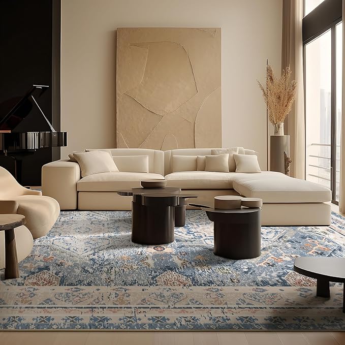 Phantoscope Washable Area Rug 6'x9' Non-Slip, Vintage Neutral Rugs for Living Room, Bedroom, Dining Room, Distressed Boho Geometric Medallion Pattern, Low-Pile Foldable Floor Carpet, Dusty Blue/Multi