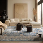 Phantoscope Washable Area Rug 8'x10' Non-Slip, Vintage Neutral Rugs for Living Room, Bedroom, Dining Room, Distressed Boho Geometric Medallion Pattern, Low-Pile Foldable Floor Carpet, Dusty Blue/Multi