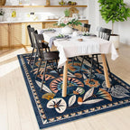 Egypt Floral Washable 5x7 Area Rug for Living Room, Large Boho Bedroom Dining Room Rugs for Under Table, Vintage Non Slip Soft Throw Carpet for Playroom Office Apartment (Dark Blue, 5 x 7)
