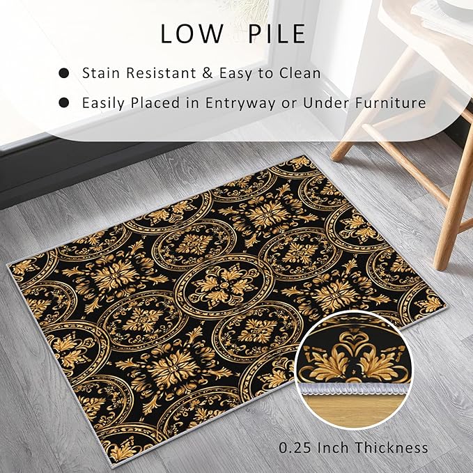 Black Gold Baroque Rug, Washable 4x6 Rug for Living Room, Floral Geometric Patterned Indoor Carpet, Black Gold Baroque Decor for Home, Bedroom, Soft Non Slip Thin Design FER66