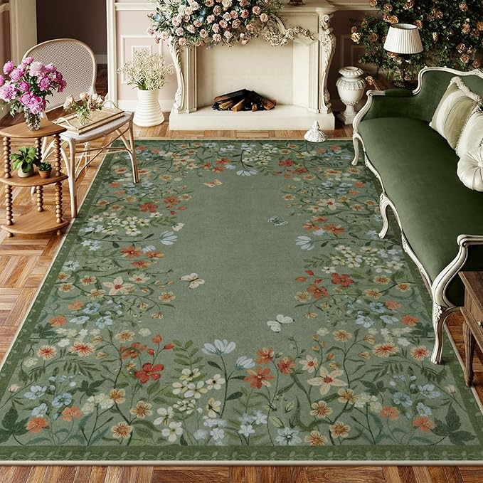 Wonnitar Washable Area Rug 6x9, Green Floral Living Room Rugs, Non-Slip Soft Dining Room Table Rug, Botanical Bedroom Rug Floor Carpet for Mud Room Basement (Green,6'x9')