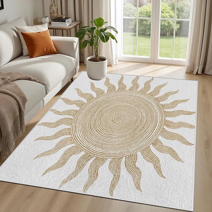 Boho Washable Rugs for Bedroom 5x7, Modern Sun Print Soft Minimalism Area Rug, Non Slip Low Pile Abstract Carpet for Classroom Living Room Decor Dining Room Sofa Kids Nursery Room, Beige Yellow